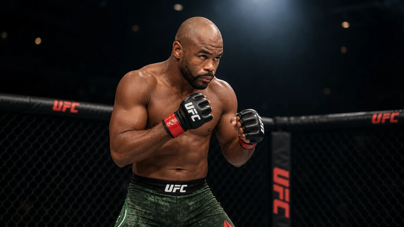 Rashad Evans Suga w bojowej postawie w klatce UFC, umięśniona sylwetka amerykańskiego mistrza wagi półciężkiej, rękawice MMA, skupione spojrzenie, oświetlenie areny.