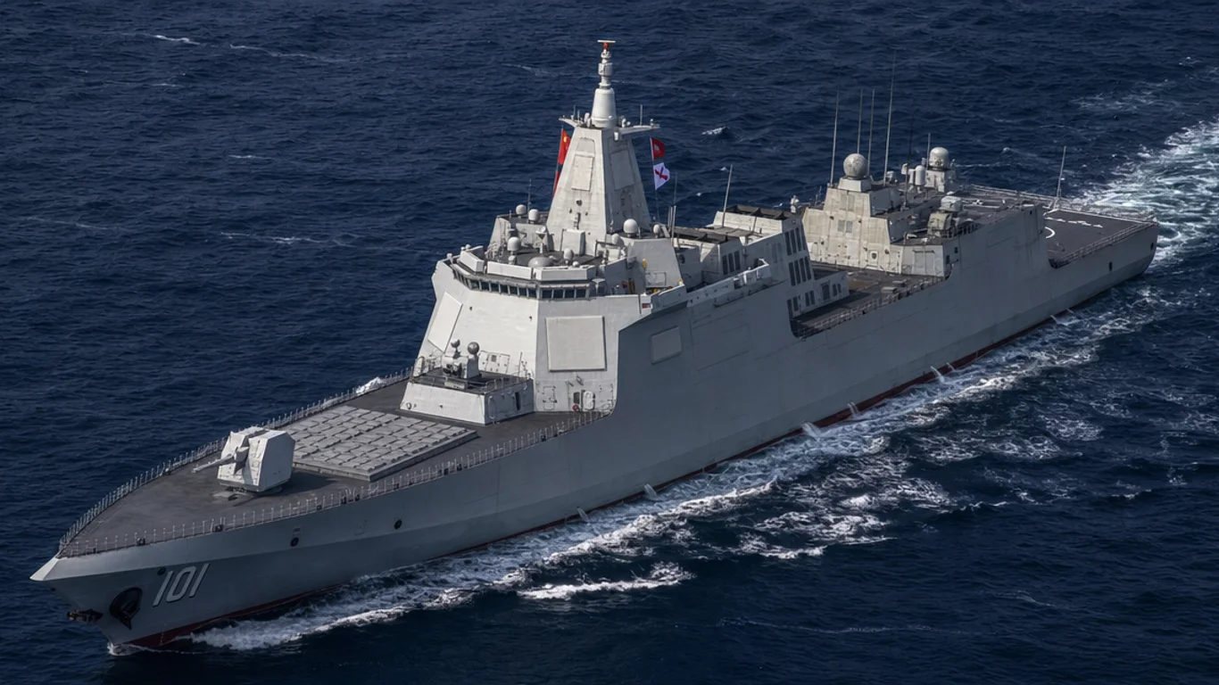 Chiński niszczyciel-krążownik Type 055 Renhai CNS Nanchang na morzu z charakterystycznym nadbudową stealth, działo 130 mm na dziobie i 112 komór VLS, panele AESA Type 346B na masztach.